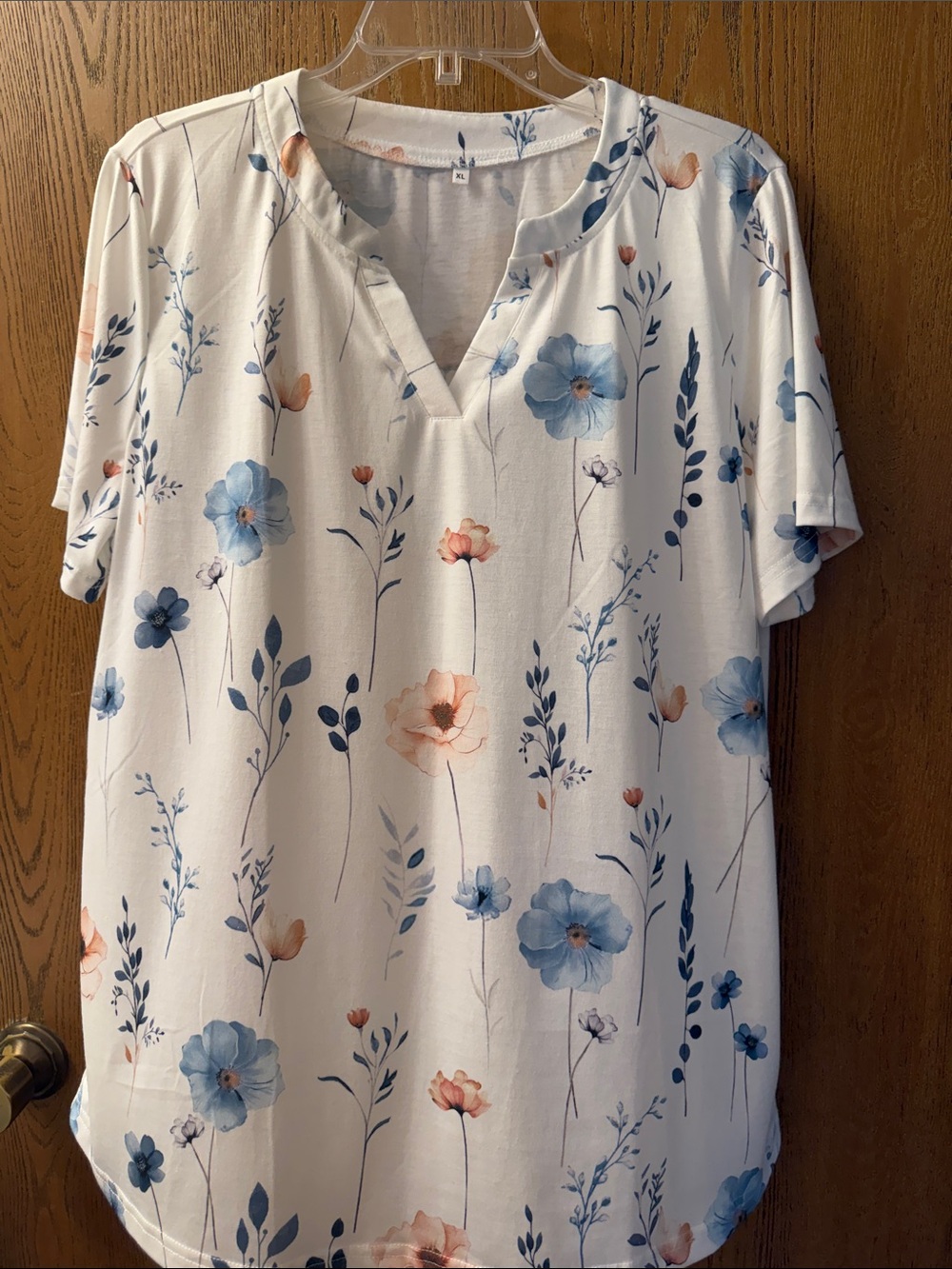 BloomChic White Floral Notch-Neck Short Sleeve Top with Blue & Peach Flowers
